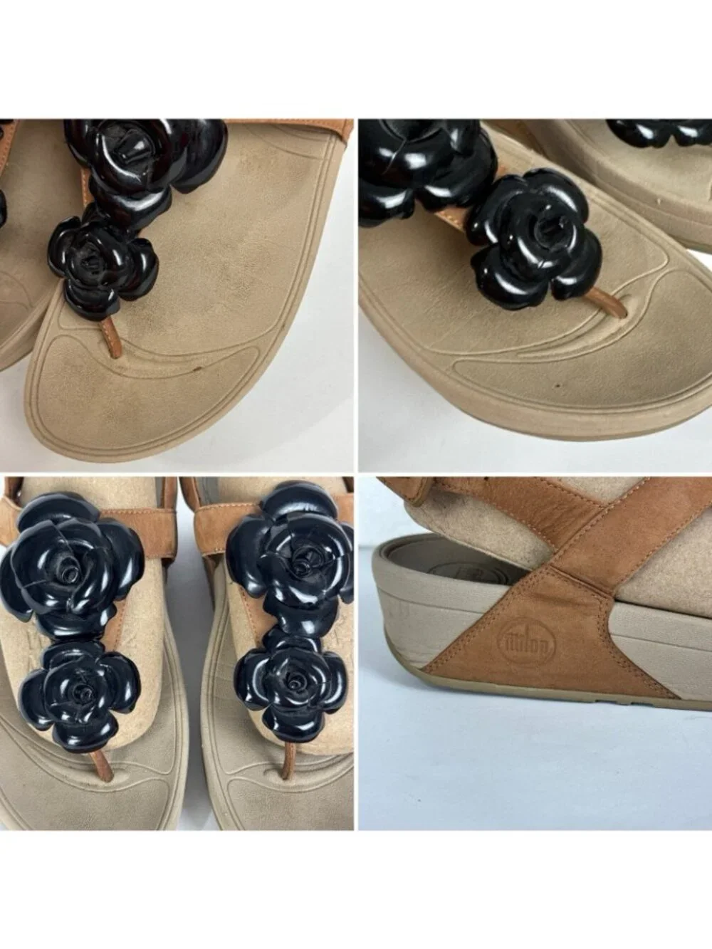 Fit Flop Floretta Tan Suede & Black Floral Wedge Thong Sandals Women's 7